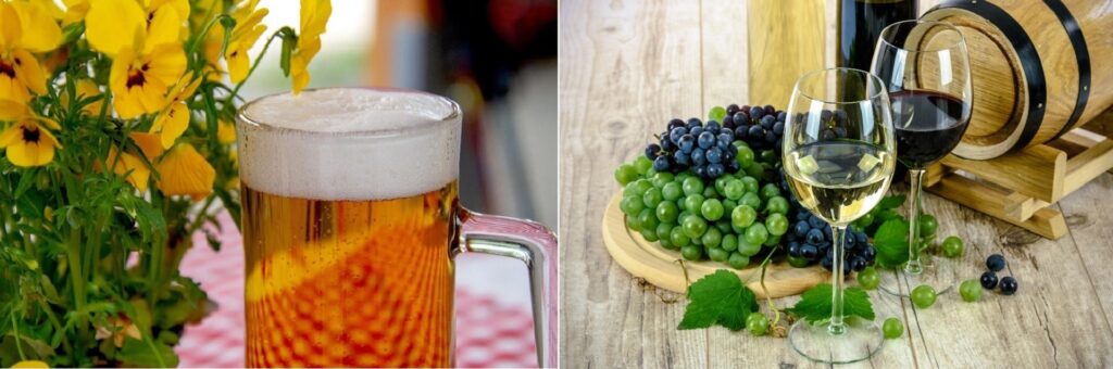 Side-by-side still life: a frothy beer mug with yellow flowers on the left, and wine, grapes, and a barrel on the right.