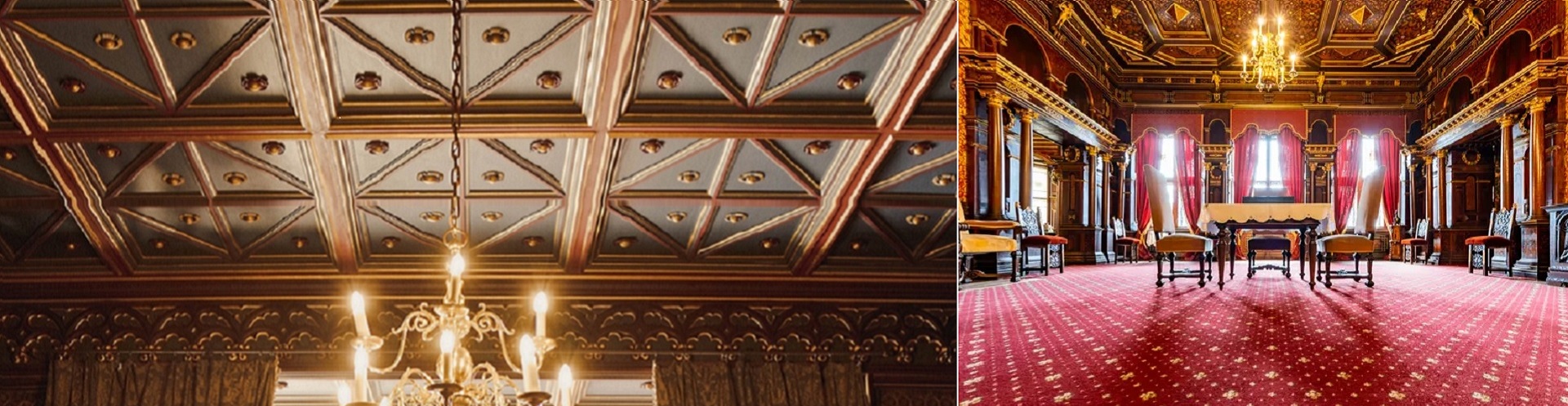 Split view of a grand historic interior: left shows a gold-trimmed coffered ceiling with a chandelier; right a red-carpeted ballroom with ornate wood paneling and ceremonial seating.
