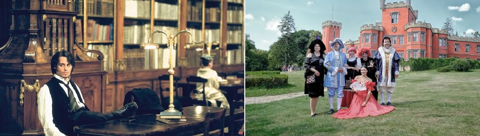 Split image: left—man in 19th‑century attire at a desk in a wood-paneled library with a brass lamp; right—a group in historical costumes posing on a lawn in front of a pink castle-like building.