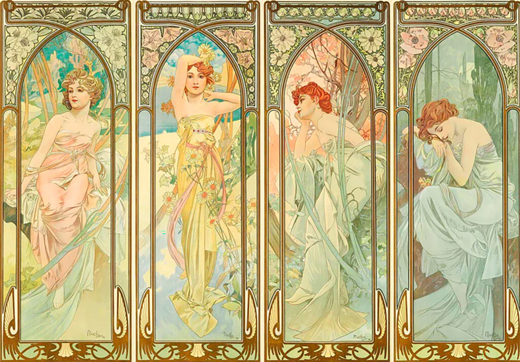 Four decorative Art Nouveau panels depicting elegant women in pastel gowns inside arched, stained-glass frames with floral borders and nature backgrounds.