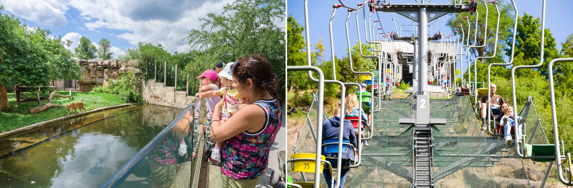 Two-scene collage: left shows visitors at a zoo watching a big cat by a reflective canal; right shows people riding a chairlift with metal support towers and trees in the background.