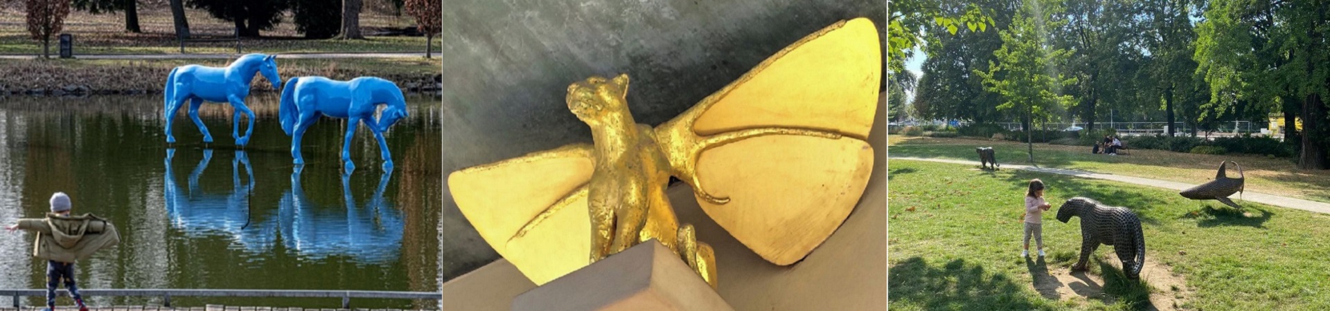 Triptych of park sculptures: blue horse statues reflected in a pond with a child in the foreground; center—golden butterfly sculpture; right—child near a textured animal sculpture in a sunny park.